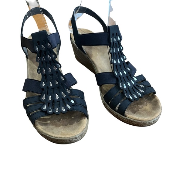 Rieker Pacific Blue Fanni Wedge Sandals with Edgy Cut-Out Design SZ 8.5 EU 39 - Picture 3 of 11